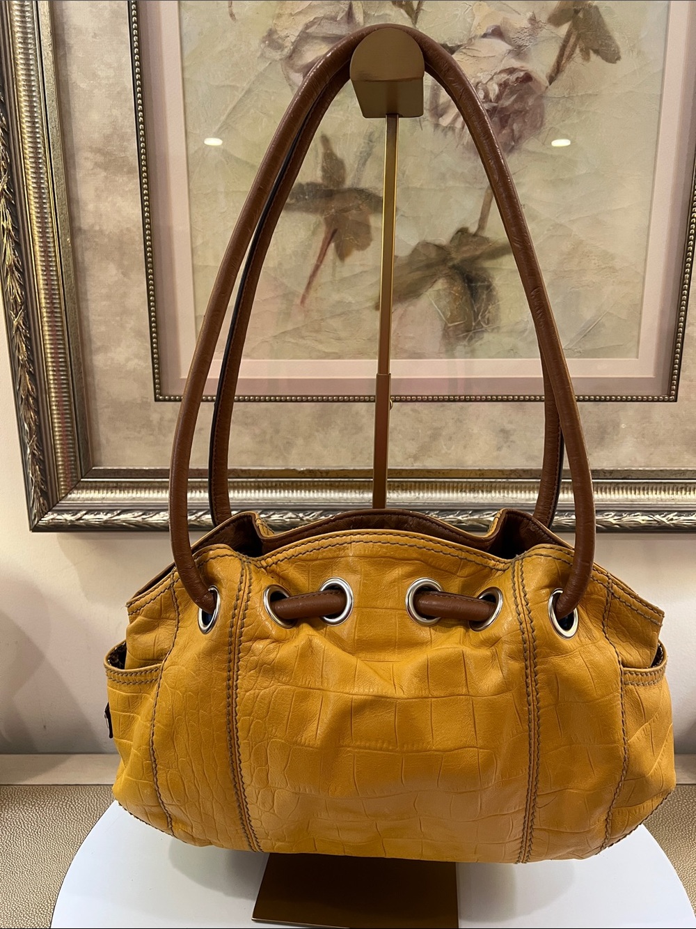 Tignanello Yellow Croc-Embossed Shoulder Bag with Brown Straps